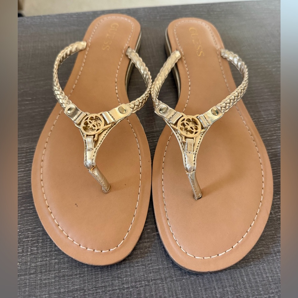 GUESS Gold Braided T-Strap Thong Sandals with Logo Medallion Size 10